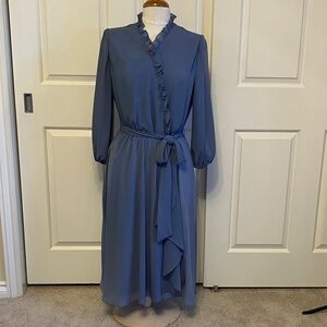 Miss Elaine Long Sleeve Blue Dress with Ruffle Trim